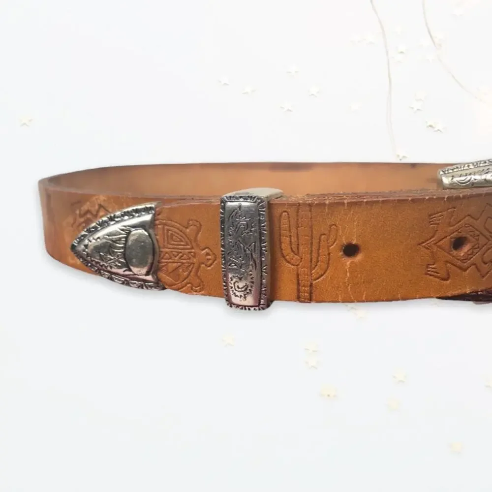 Vintage 80s Kids Debossed Custom Stacey Tan Western Cowboy Leather Rodeo Belt
